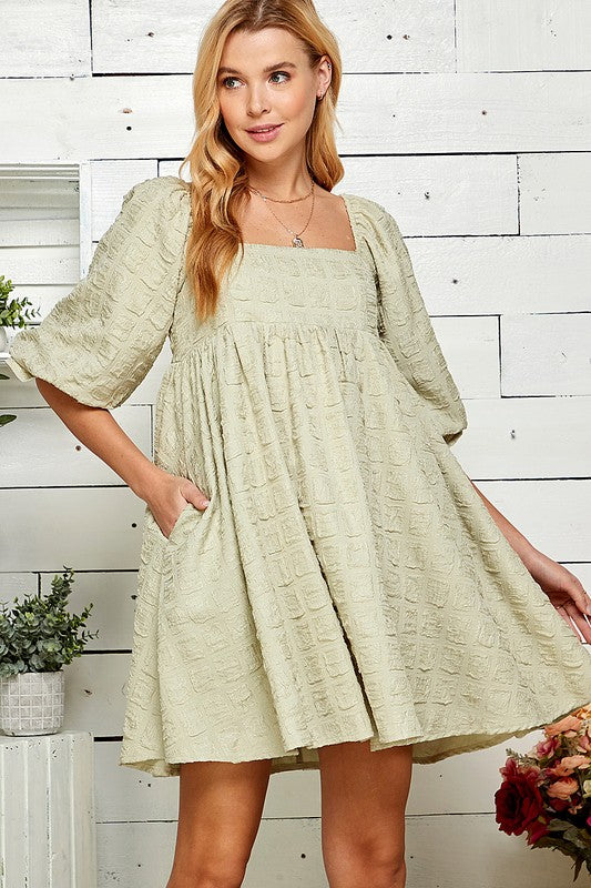 Embossed Full Sleeved Babydoll Dress