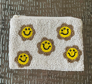 Beaded Happy Flower Zip Pouch